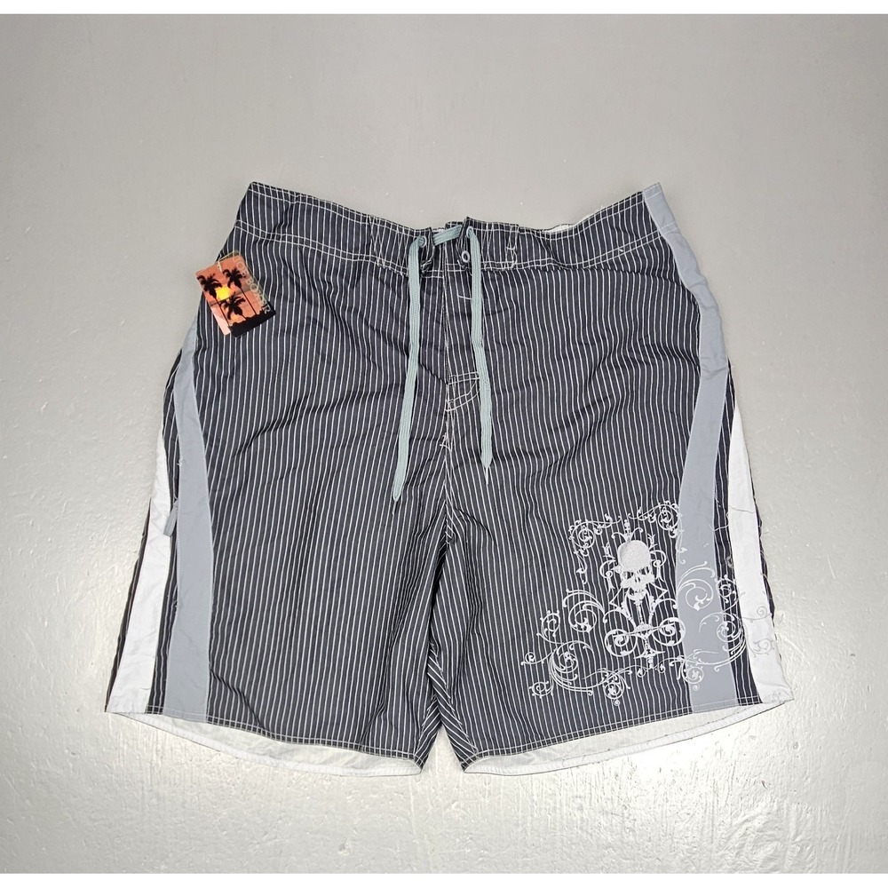 Vintage Joe Boxer Swim Trunks Mens XL Black Stripe With Skull Graphic Kmart NWT